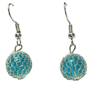 Earrings Caged Aqua Iridescent Bead Silver Tone Summer Beach Cruise Hook